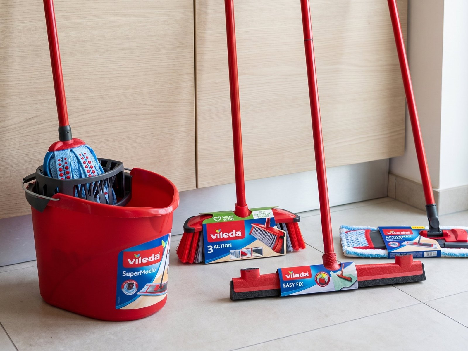 Vileda SuperMocio bucket and mop, 3 Action broom, Easy Fix floor wiper and ActiveMax flat mop